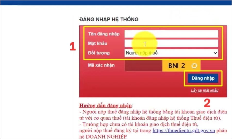 Nhập thông tin tài khoản thuế môn bài