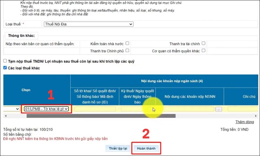 Chọn loại tờ khai