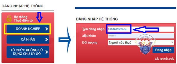 Đăng nhập bằng MST Doanh nghiệp và thêm chữ -QL nhé