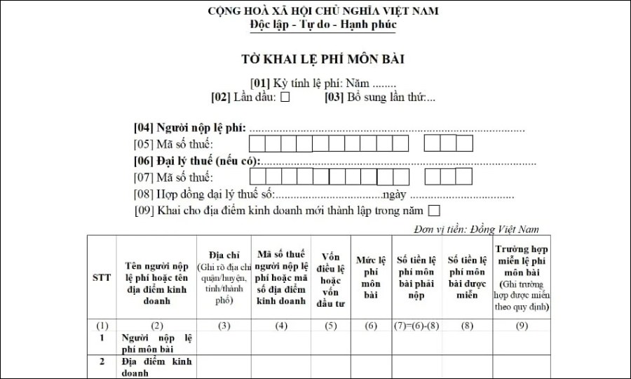 Mẫu tờ khai thuế môn bài theo quy định mới nhất