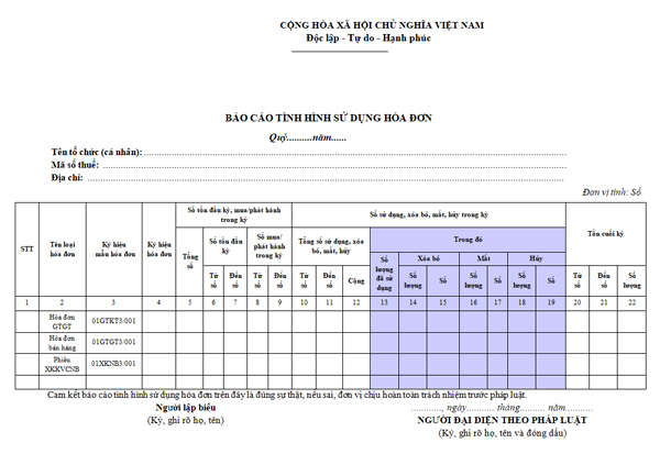 Lập báo cáo tình hình sử dụng hóa đơn