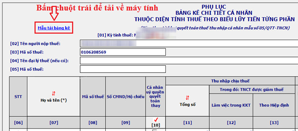 Bấm chuột trái vào chữ Mẫu Excel Bảng kê