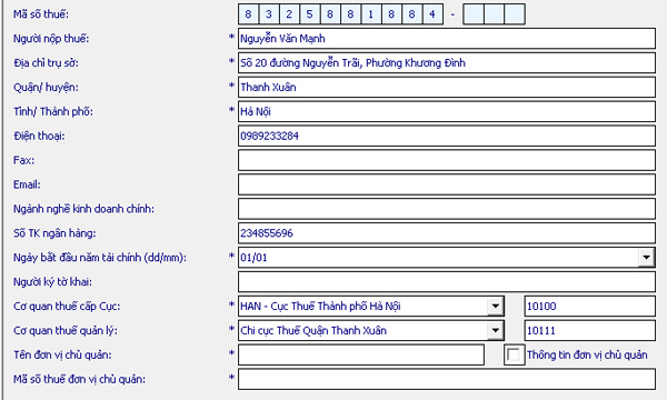 Nhập thông tin người nộp thuế