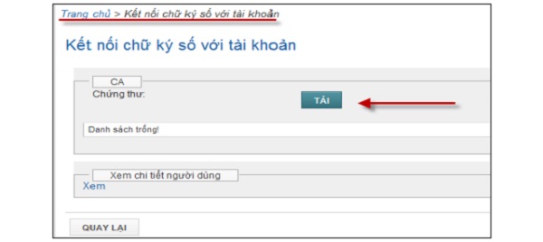 Màn hình kết nối chữ ký số với tài khoản